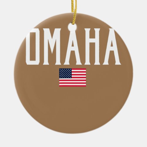Omaha Nebraska American Flag Vintage White Text  Ceramic Ornament