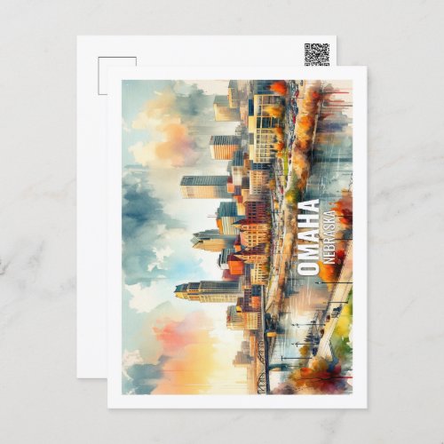 Omaha Nebraska Famous Travel Places watercolor Postcard