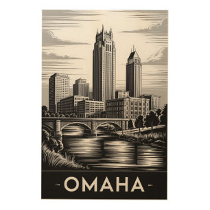Omaha Nebraska Skyline Black White Woodcut Wood Wall Art