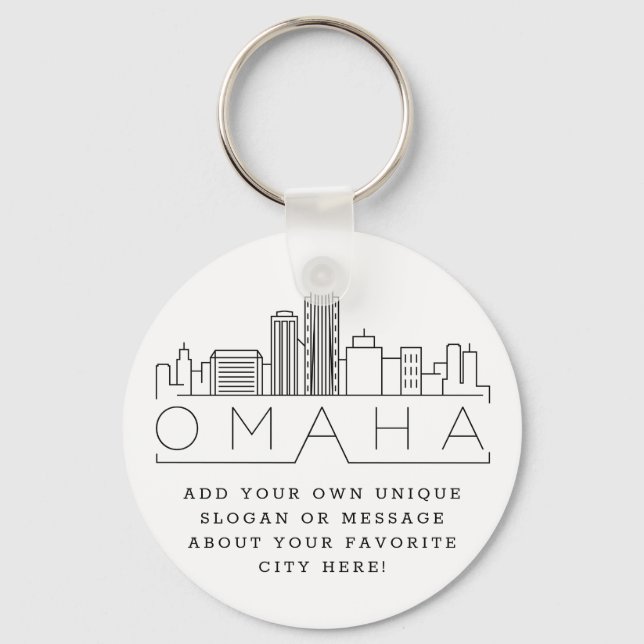 Omaha, Nebraska Stylized Skyline | Custom Slogan Keychain (Front)