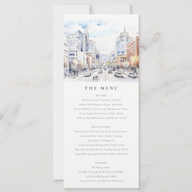 Omaha Nebraska Watercolor Landscape Wedding  Menu Invitation (Front)