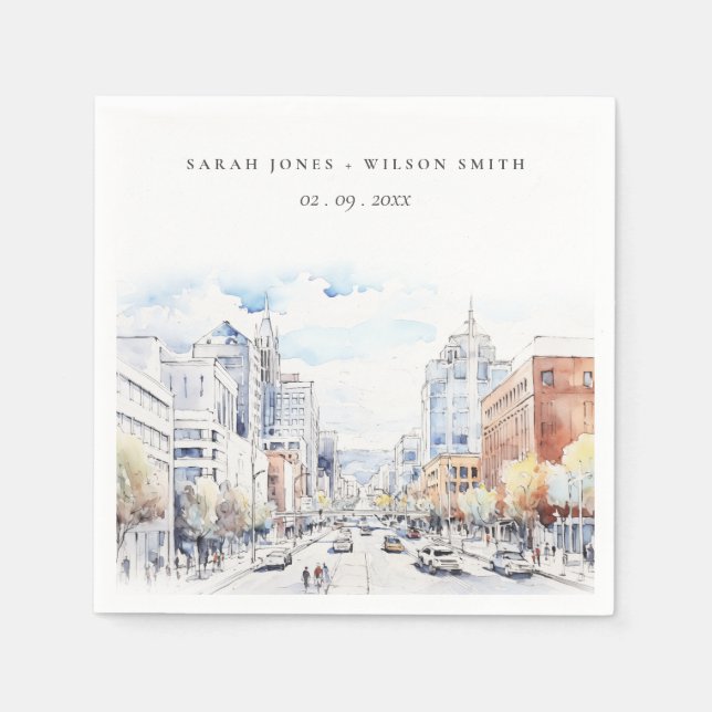 Omaha Nebraska Watercolor Landscape Wedding Napkins (Front)