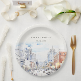 Omaha Nebraska Watercolor Landscape Wedding Paper Plates