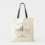 Omaha, Nebraska Wedding | Stylized Skyline Tote Bag<br><div class="desc">A unique wedding tote bag for a wedding taking place in the beautiful city of Omaha,  Nebraska.  This tote features a stylized illustration of the city's unique skyline with its name underneath.  This is followed by your wedding day information in a matching open lined style.</div>
