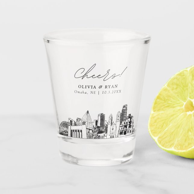 Omaha Wedding Favor Personalized Cheers Shot Glass (Front)