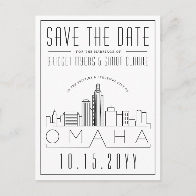 Omaha Wedding | Stylized Skyline Save the Date Postcard (Front)