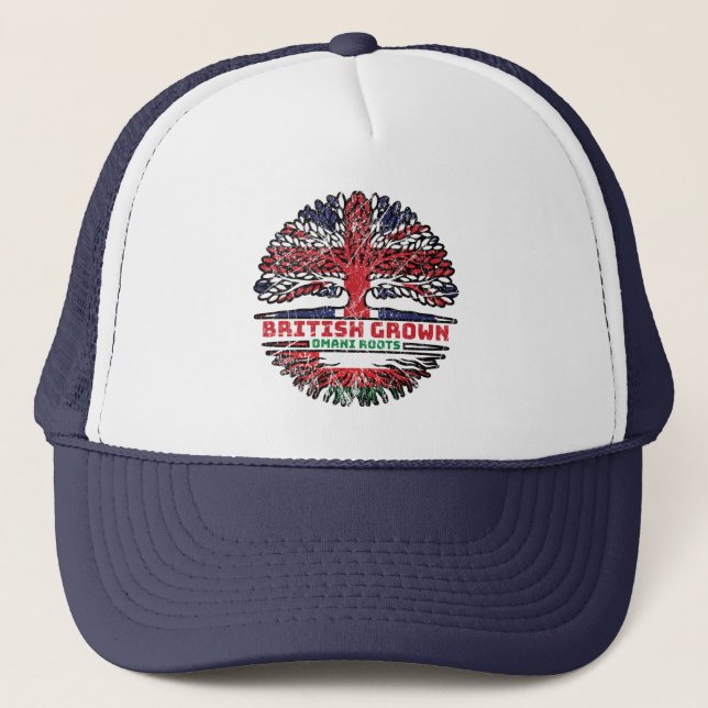 Oman Omani British UK Tree Roots Flag Trucker Hat (Front)