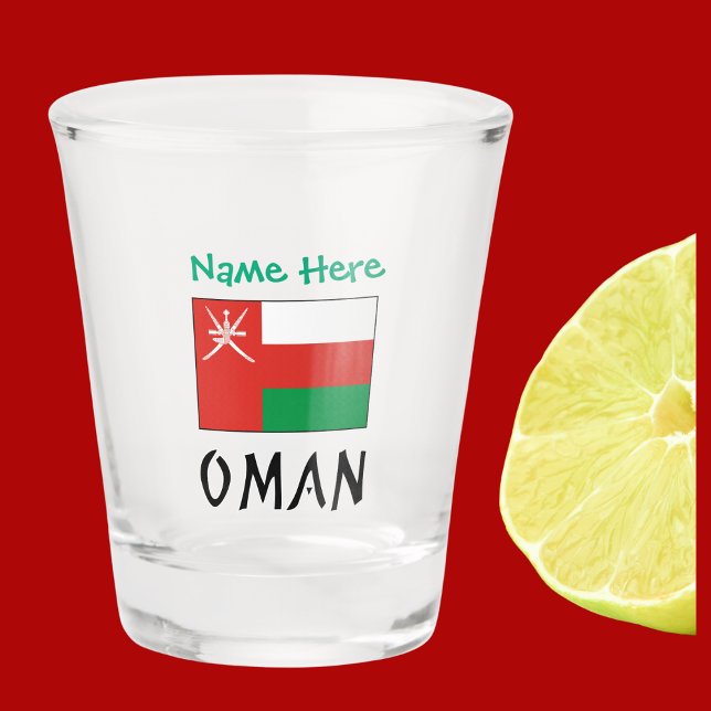 Oman Omani Flag Green Personalization  Shot Glass (Omani Flag on shot glass has word OMAN below in black text. Above add a name in green letters.)