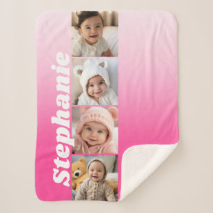 Ombre 4 Photos Handwritten Font -- CAN EDIT COLOR Sherpa Blanket