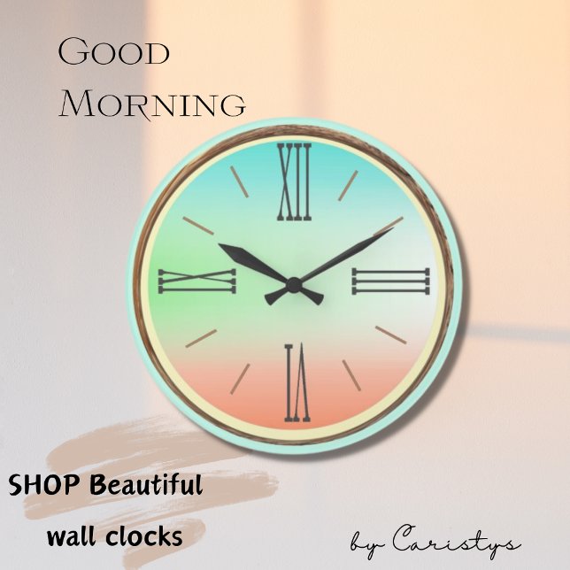 Ombre Aqua, Green, Coral  Large Clock (Creator Uploaded)
