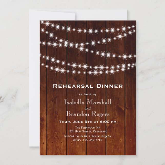 Ombre Barn Board Twinkle Lights Rehearsal Dinner Invitation (Front)