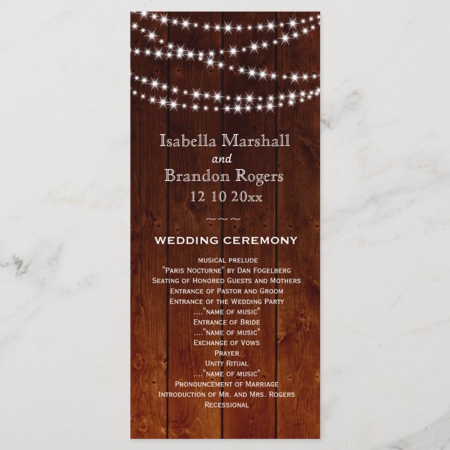 Ombre Barn Board Twinkle Lights Wedding Program (Front)