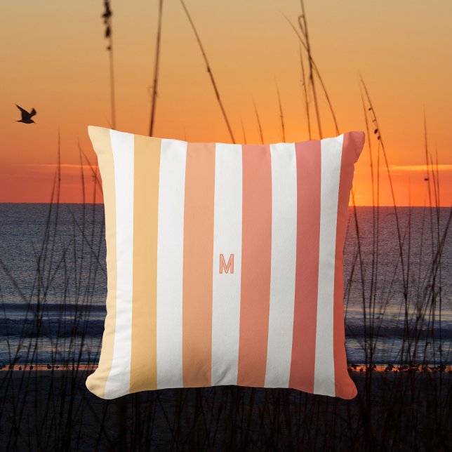 Ombre Beach Sunrise Stripe & Personalized Monogram Outdoor Pillow (Creator Uploaded)
