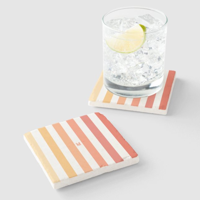 Ombre Beach Sunrise Stripe & Personalized Monogram Stone Coaster (Side)