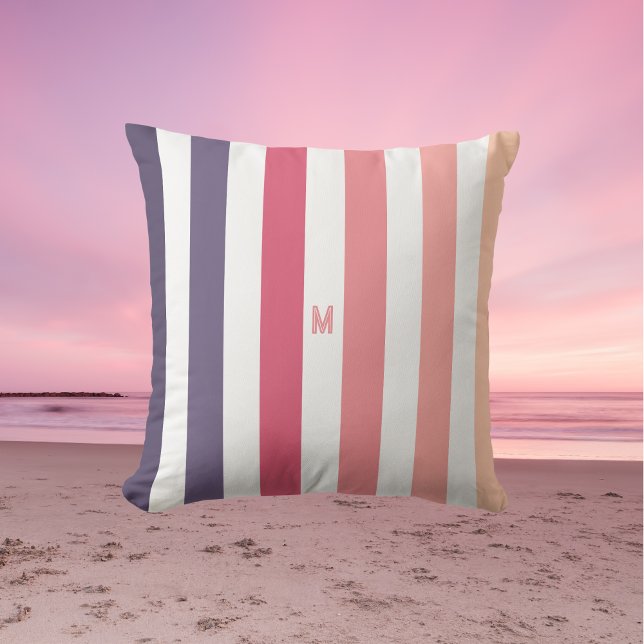 Ombre Beach Sunset Stripe & Personalized Monogram Outdoor Pillow (Creator Uploaded)