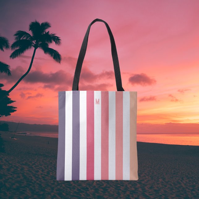 Ombre Beach Sunset Stripe & Personalized Monogram Tote Bag (Creator Uploaded)