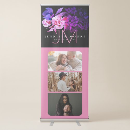 Ombre Black and Pink Floral 3 Photos Monogram Retractable Banner