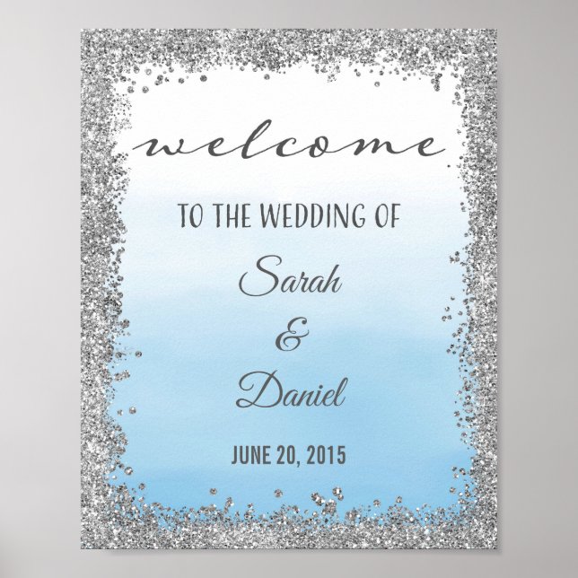 Ombre Blue and Silver Wedding Welcome Poster Print (Front)