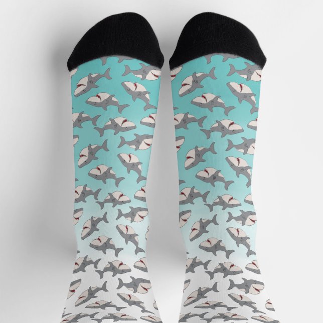 Ombre Blue Cute Cartoon Shark Week Pattern Socks (Top)
