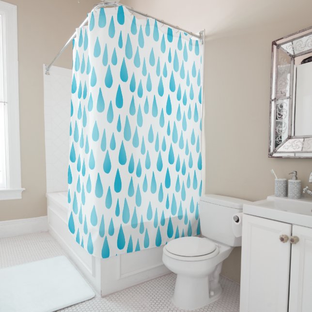 Ombre Blue Falling Raindrops Shower Curtain (In Situ)