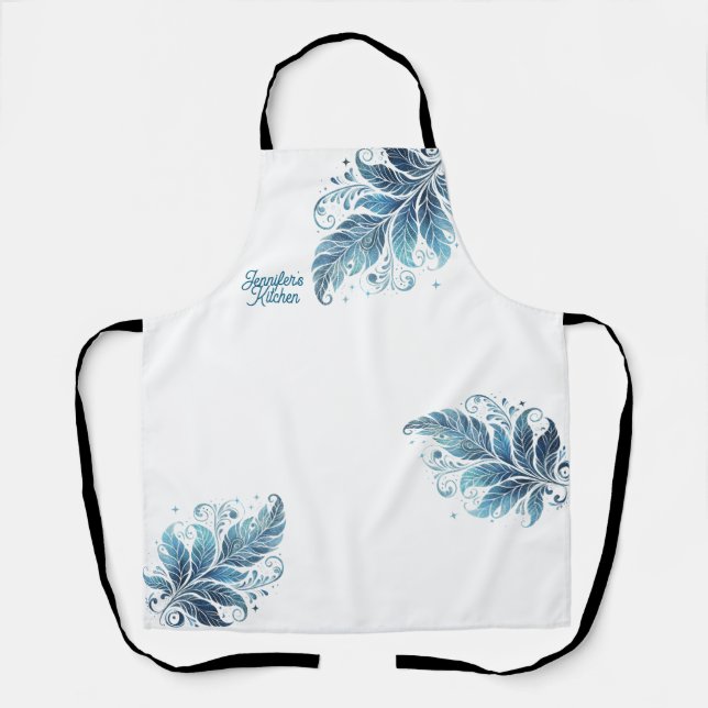 Ombre Blue Filigree Leaf  Personalized Kitchen Apron (Front)