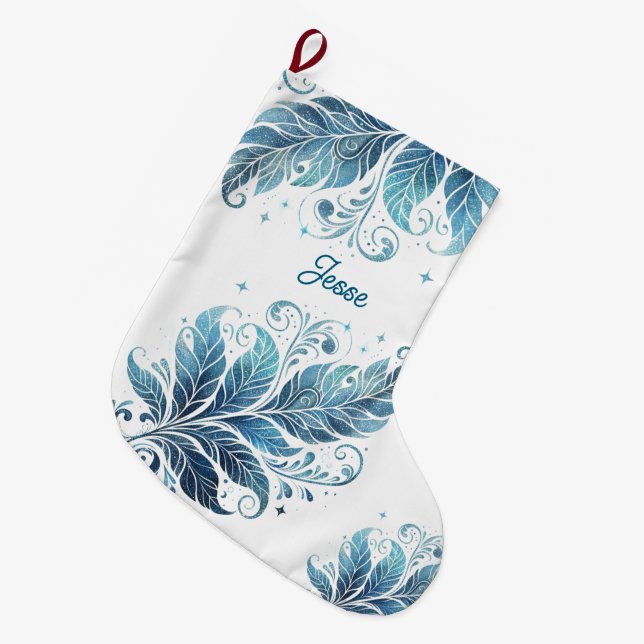 Ombre Blue Filigree Leaf  Personalized  Large Christmas Stocking (Front (Hanging))
