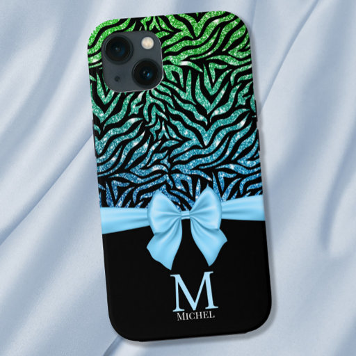 Ombre blue Glitter Zebra Stripes Bow Monogram iPhone 12 Pro Max Case