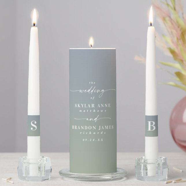 Ombre Blue & Green Bride & Groom Monogram Wedding Unity Candle Set (In Situ)