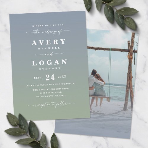 Ombre Blue  Green Wedding Invitation with Photo
