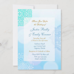Ombre Blue, Teal and White Mandala Elegant Wedding Invitation