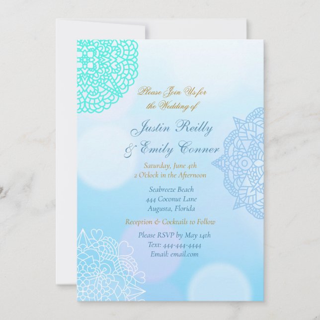 Ombre Blue, Teal and White Mandala Elegant Wedding Invitation (Front)
