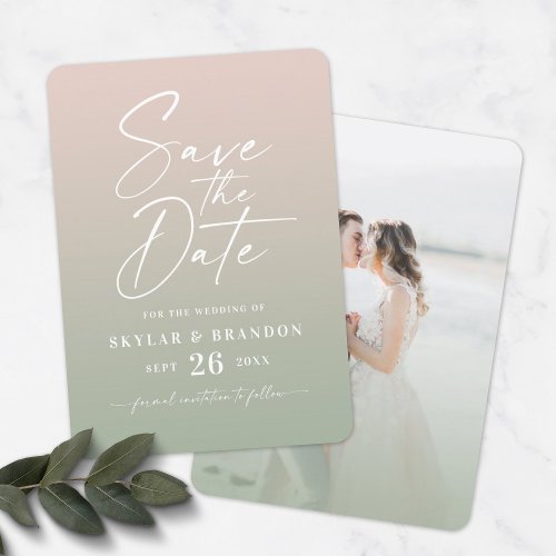 Ombre Blush  Green with Script Photo Wedding Save The Date