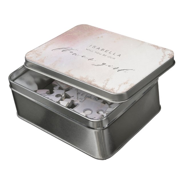 Ombre Blush Pink Frosted Foil Flower Girl Proposal Jigsaw Puzzle (Lid Open)