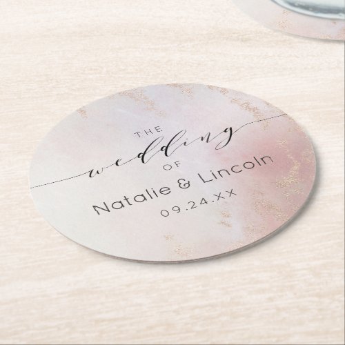 Ombre Blush Pink Frosted Foil Watercolor Monogram Round Paper Coaster