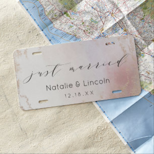 Ombre Blush Pink Frosted Foil Wedding Just Married License Plate