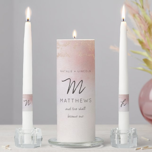 Ombre Blush Pink Frosted Foil Wedding Monogram Unity Candle Set (In Situ)