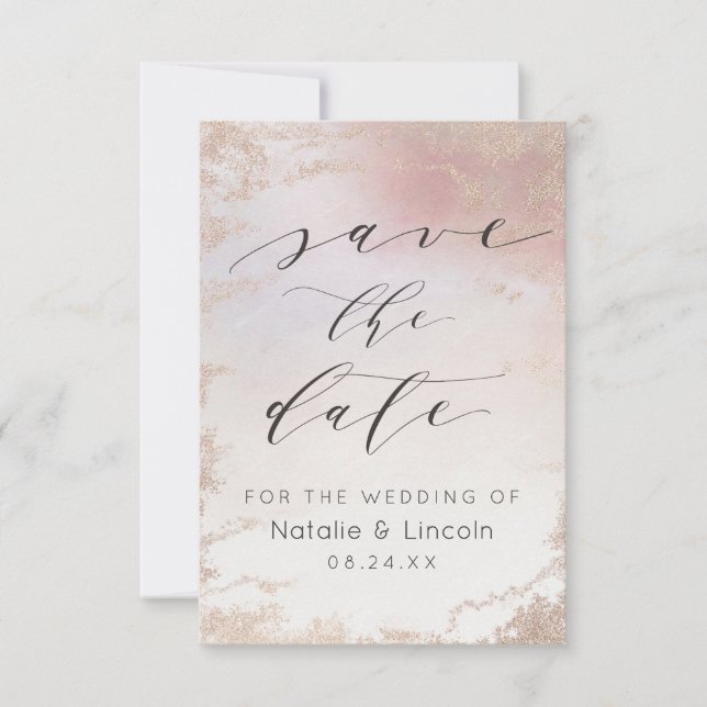 Ombre Blush Pink Frosted Rose Gold Wedding Save The Date (Front)