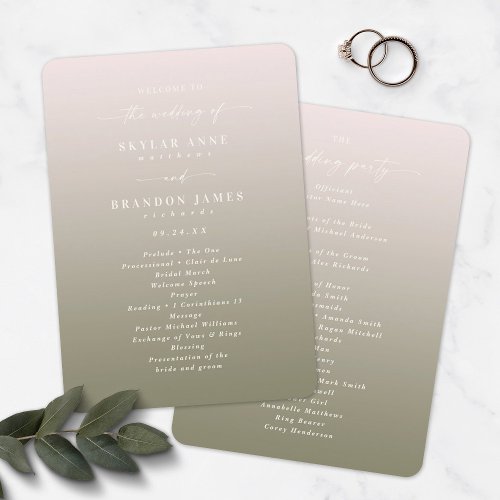 Ombre Blush Pink  Green Wedding Ceremony Program