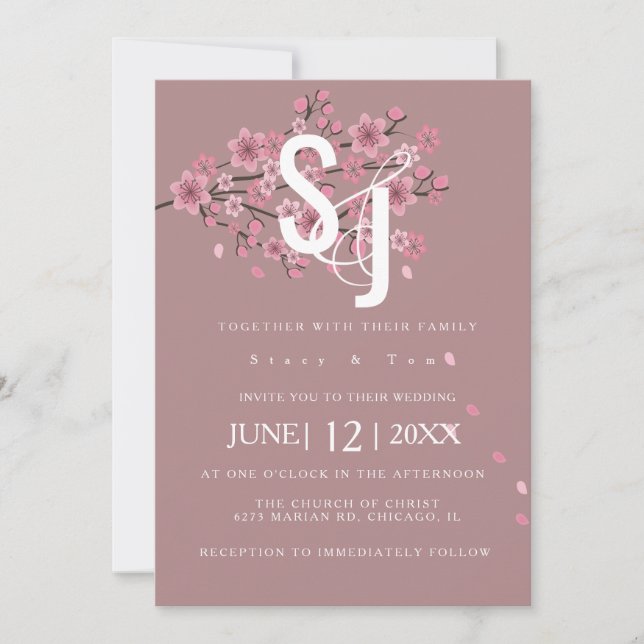 Ombré Cherry Blossom Tree Petals Wedding Invitation (Front)