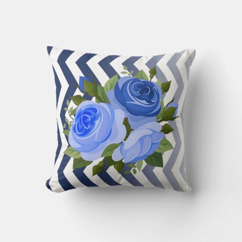 Ombre Chevron Floral Rose Bouquet  navy blue Throw Pillow
