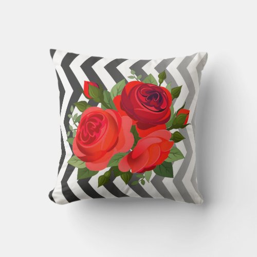 Ombre Chevron Floral Rose Bouquet  red black Throw Pillow