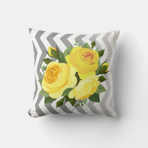 Ombre Chevron Floral Rose Bouquet  yellow silver Throw Pillow