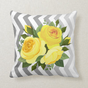 Ombre Chevron Floral Rose Bouquet yellow silver Throw Pillow
