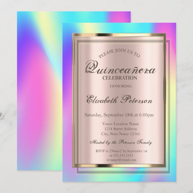 Ombre Colorful Holographic Frame Quinceañera Invitation (Front/Back)