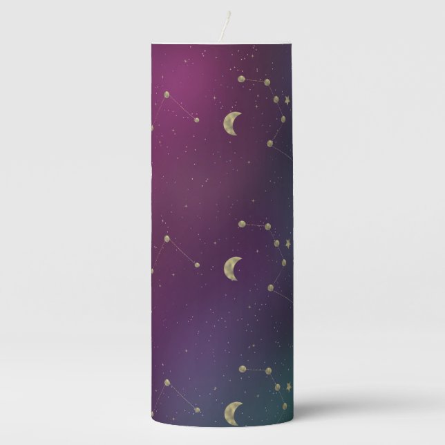 Ombre Constellation Galaxy Purple Faux Gold Stars Pillar Candle (Front)