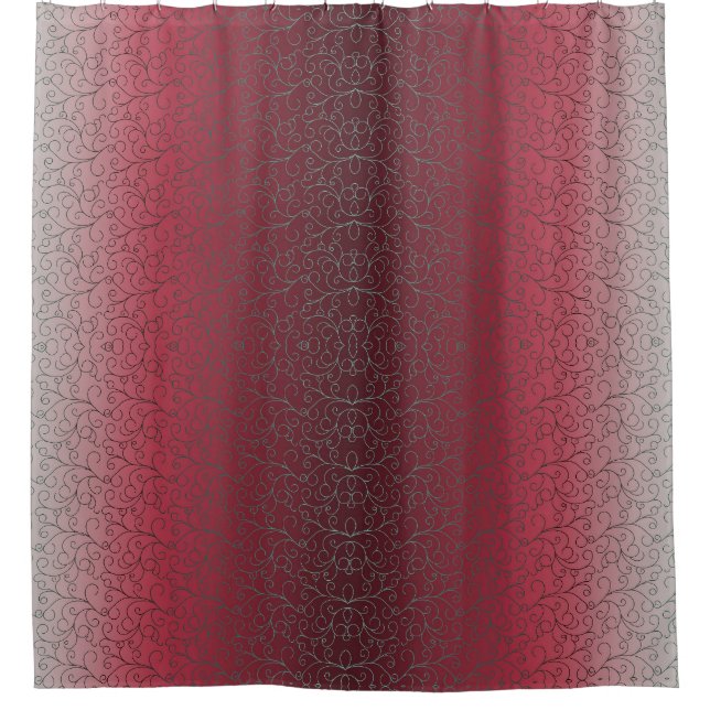 Ombre Cranberry Red Grey Scrolls Teal Green Shower Curtain (Front)