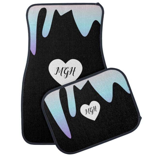 Ombre Dripping Heart Monogrammed Name  Car Floor Mat (Set)