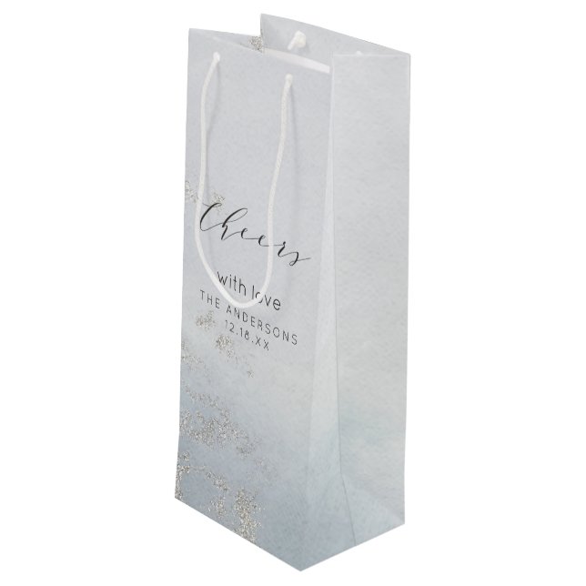 Ombre Dusty Blue Frosted Cheers Wedding Wine Gift Bag (Back Angled)