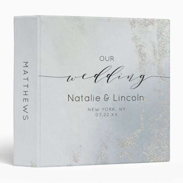 Ombre Dusty Blue Frosted Foil Wedding Photo Album 3 Ring Binder (Front/Spine)