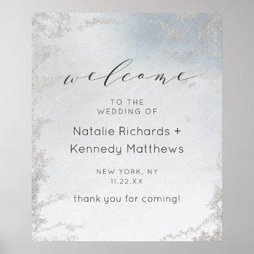 Ombre Dusty Blue Frosted Luxe Wedding Welcome Sign